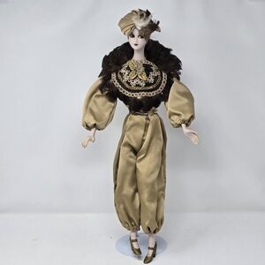 Vintage Rare Harlequin Porcelain Doll Jester Metallic Golden Brown 20"H